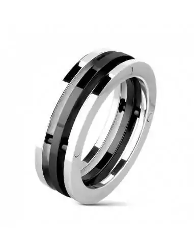 Anello da uomo a 3 anelli in acciaio inossidabile e piastra nera, design meccanico
