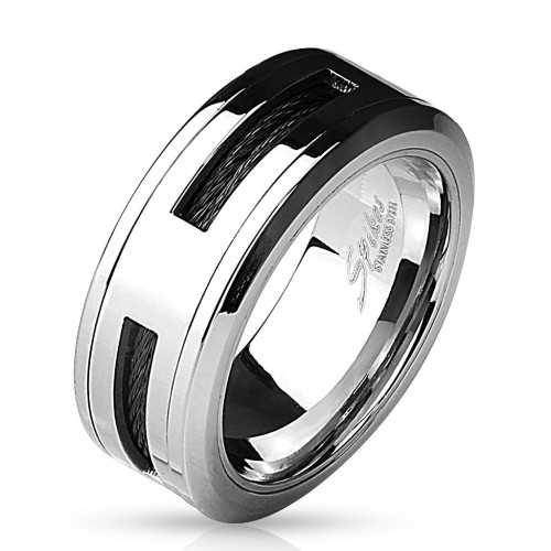 Bague anneau homme en acier avec rectangle de cables metalliques noir