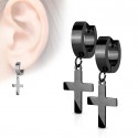 Paire boucle d'oreille homme femme acier croix pendu latine toute noir