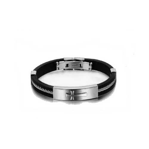 Bracelet homme caoutchouc silicone et plaque fermoir acier croix