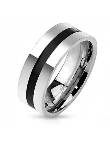 Bague anneau homme acier inoxydable bicolore bande centrale noire
