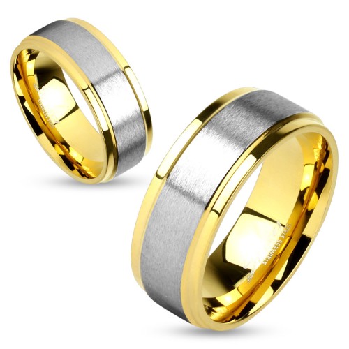 Bague anneau de fiançailles homme femme doré et bande acier brossé