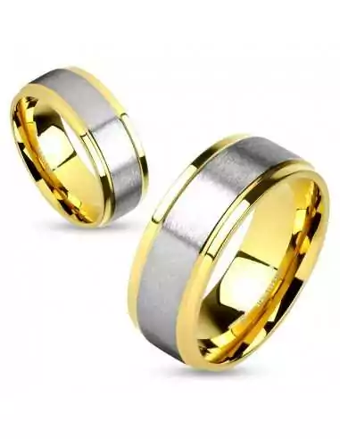 Bague anneau de fiançailles homme femme doré et bande acier brossé