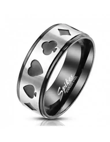 Bague anneau homme en acier inoxydable noir à bandeau cartes de poker
