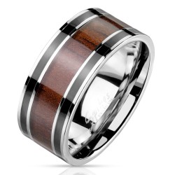 Bague anneau homme acier bande centrale marron imitation bois classe