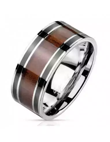 Bague anneau homme acier bande centrale marron imitation bois classe