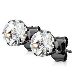 Coppia di orecchini uomo donna teen gambo aderente piastra in acciaio nero rotondo zircone diams bianco kx