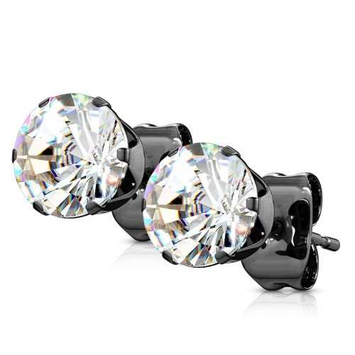 PAIRE DE BOUCLES D'OREILLES HOMME FEMME ADO TIGE FERMOIR ACIER PLAQUE NOIR RONDE ZIRCON DIAMS BLANC NEUVE KX