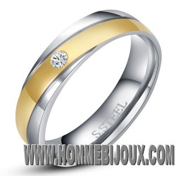BAGUE POUR HOMME ADO FEMME ANNEAU ALLIANCE ACIER PLAQUE OR + ZIRCON MELI MELO NEUVE