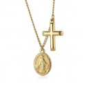 Collier Homme Acier Doré - Chaîne Cubaine, Double Pendentif Croix et Médaille Vierge