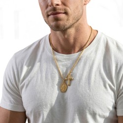 Men's Gold Steel Necklace - Cuban Chain, Double Cross Pendant and Virgin Medal 2