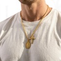 Collana da uomo in acciaio dorato - catena cubana, doppia croce pendente e medaglia vergine