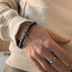Bracelet Homme Perles Agate Grise Naturelle et Tête de Lion Acier 2