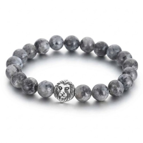 Pulsera de los hombres Perlas águianas Natural Grey y León Head Steel