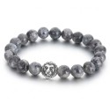 Men's Bracelet Natural Grey Agate Beads and Lion Head Steel