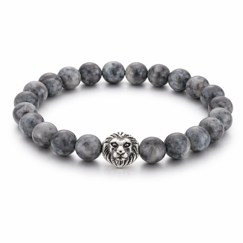 Men's Bracelet Natural Grey Agate Beads and Lion Head Steel