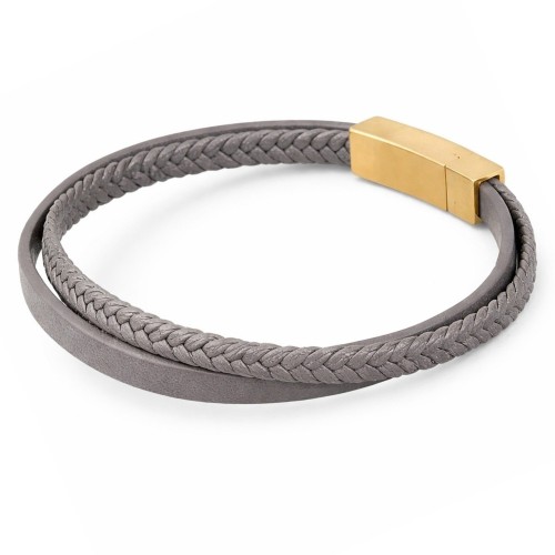 Men's Bracelet Leather Grey Double Band & Gold Clasp Customizable