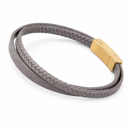 Men's Bracelet Leather Grey Double Band & Gold Clasp Customizable