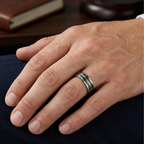 Men's Ring Stainless Steel Two Black Colour Bands