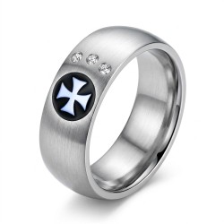 Bague Anneau Mixte Acier Inox Croix de Malte Blanche et 3 Zircons - Style Gothique