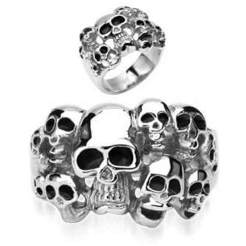 Bague Chevalière Homme Acier - Armée 10 Têtes de Mort Biker Gothique