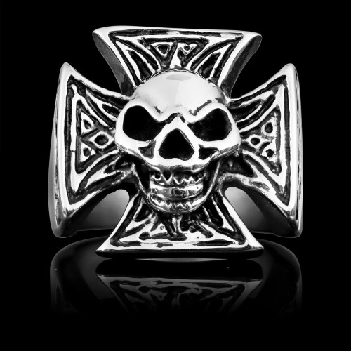 Bague Chevalière Homme Acier Croix de Malte et Tête de Mort Biker