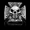 Bague Chevalière Homme Acier Croix de Malte et Tête de Mort Biker