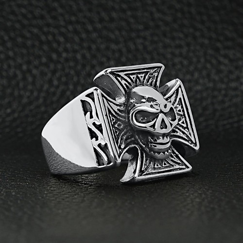 Bague Chevalière Homme Acier - Croix Celtique et Tête de Mort Biker