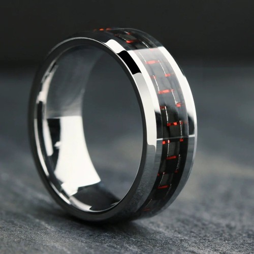 Man Ring Ring Steel With Red Carbon Fiber Band and Black