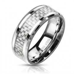 Anello anello uomo acciaio - Band fibra di carbonio bianco iridescente