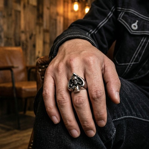 Steel Men's Ring - Ace de Pique & Tête de Mort Biker Poker