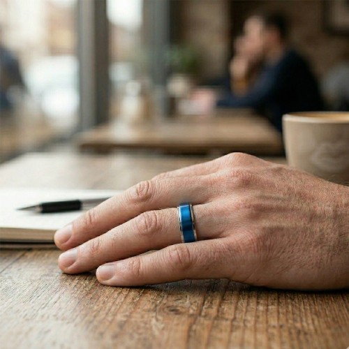 Anillo de estrés rotativo mixto Mujer o hombre - acero azul eléctrico y plateado