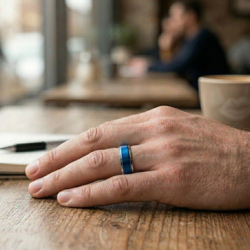 Anillo de estrés giratorio mixto para mujer de hombre - acero azul eléctrico y plata