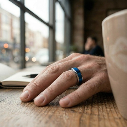 Anillo de estrés giratorio mixto Hombre femenino en acero azul eléctrico y plata