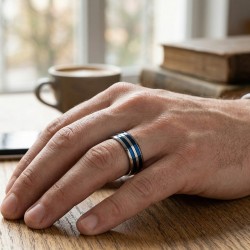 Modern engagement ring for man in gray titanium with two strips veneered blue azure 2