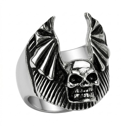 Bague Chevalière Homme Acier avec Crâne et Ailes de Démon Ouvertes