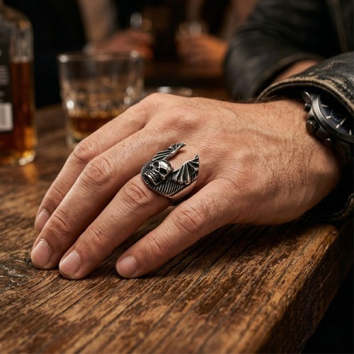 Stahl Herrenriss Ring - Schädel und offene Dämonenflügel