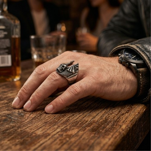 Bague Chevalière pour Homme Acier - Crâne et Ailes de Démon Ouvertes