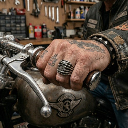 Men's Motard Ring Steel Massif - Head of Death and Emprise Skeleton