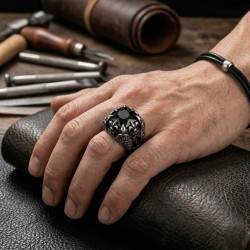 Hombre anillo de acero de piedra negra onyx lys flor gótico garra de dragón 2