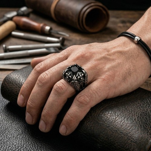 Bague Chevalière Homme Acier avec Pierre Onyx Noire, Griffes Dragon & Fleur de Lys