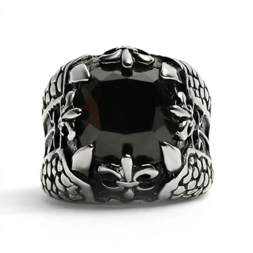 Steel Men's Knit Room Ring - Black Onyx Stone, Dragon & Flower Lys Claws