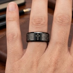 BAGUE POUR HOMME ADO ACIER CROIX PLAQUE NOIR PRIERE BIBLE NOTRE PERE SEIGNEUR LORD NEUVE 2566 2