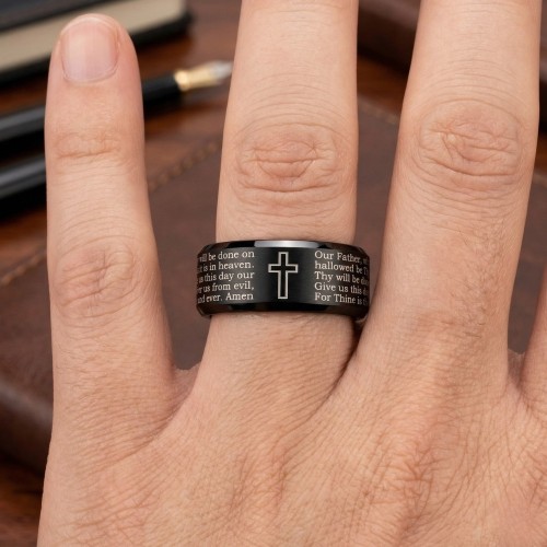 Anello ad anello uomo in acciaio nero - Preghiera nostro Padre e Croce