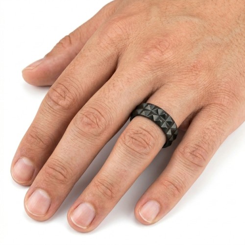 Bague Homme Acier Noir - Anneau Double Rangée de Pointes Pyramidales Style Rock Biker