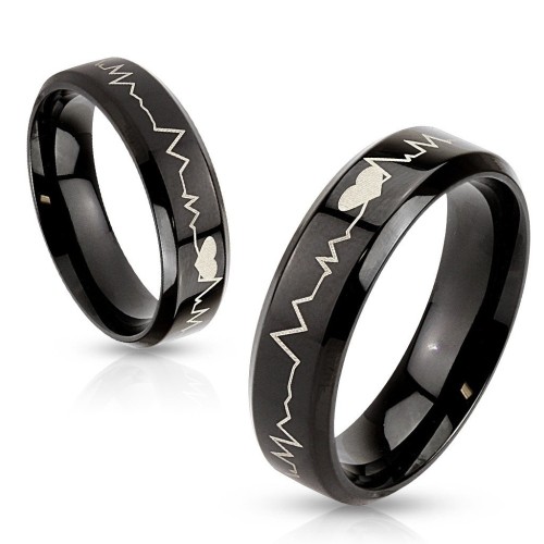 Bague Alliance Couple Femme Homme Acier Noir - Motif Battement de Cœur