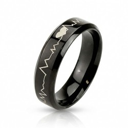 Bague de Fiançailles Saint Valentin Couple Mixte Femme Homme Acier Noir - Motif Battement de Cœur