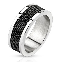 Bague Homme Acier & Maille Tressée Noire | Anneau Câble