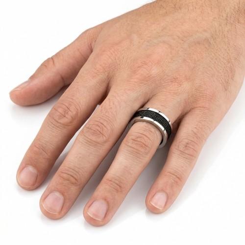 Anillo de hombre de acero y muñeca negra guardada | Anillo de cable