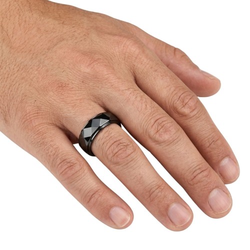 Black Tungsten Men's Ring with Geometric Facettes in Losange